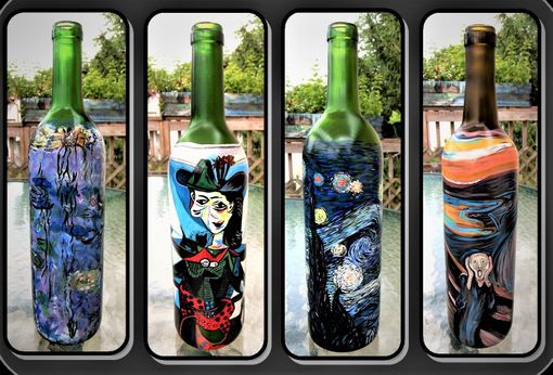 Custom Made Painted Wine Glass, Champagne Glass, Wine Bottle, Wine Art, Kitchen Art, Olive Oil Bottle
