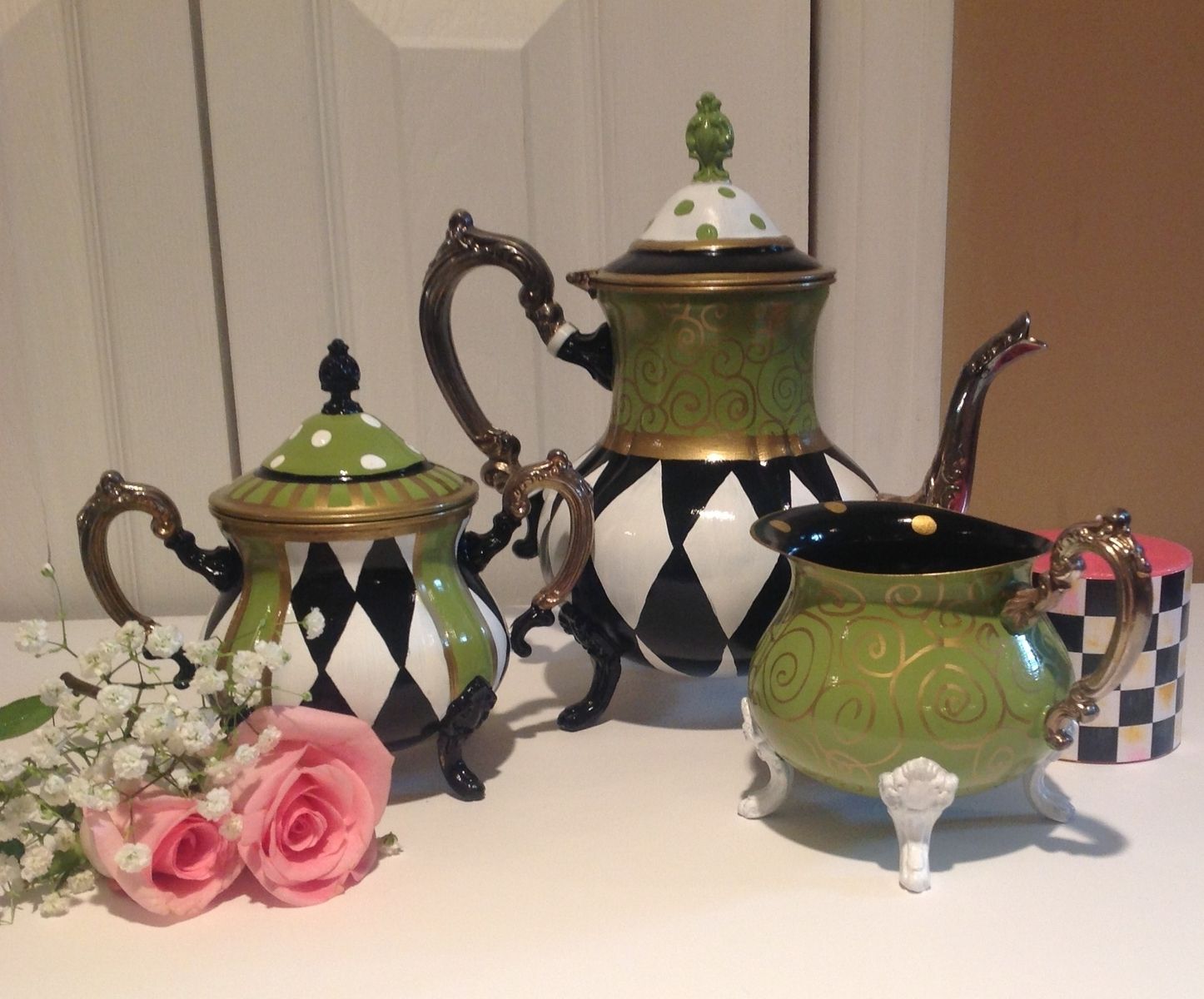 Handmade Hand Painted Silver Tea Set//Harlequin//Painted Teapot by