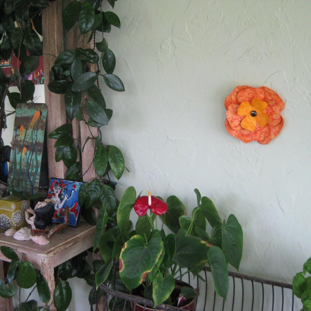 Hand Crafted Metal Flower Art Wall Hanging Recycled Metal Orange by