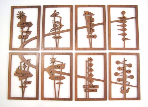 Custom Made Mahogany 8-Panel Mid-Century Modern Fretwork Collage "Googie Signs 2"