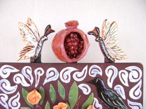 Custom Made Pomegranate And Black Bird Mosaic Framed Wall Hanging