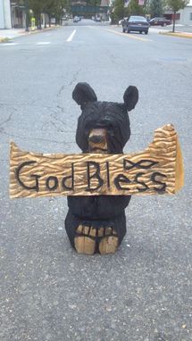 Custom Made Chainsaw Carved Sitting Bear With God Bless Sign