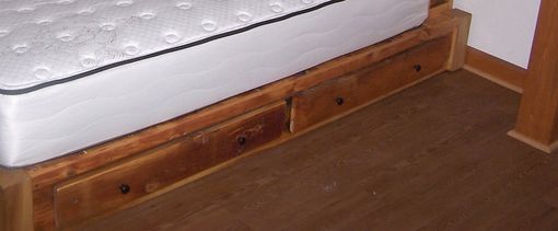 Custom Made Reclaimed Rustic Pine Platform Bed With Shelf Headboard And 4 Drawers