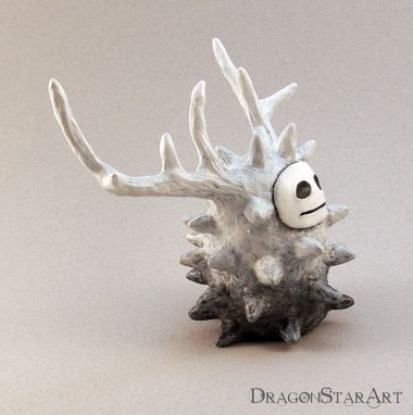 Custom Made Clay Spirit Sculpture, Monster Figurine, White And Gray Forest Spirit Art Object With Antlers