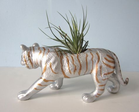 Custom Made Upcycled Toy Planter - Large Silver And Gold Striped Tiger With Air Plant