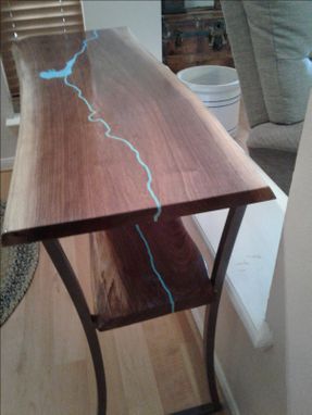 Custom Made Live Edge Walnut Entry Table With Turquoise Inlay (With Shelf)