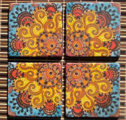 Custom Made Coasters Handmade Sun Design With Original Artwork-Set Of 4 Orange Yellow Blue