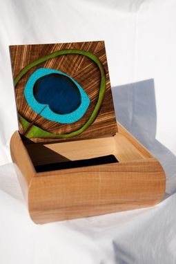 Custom Made Keepsake Box With Peacock Feather Marquetry Turquoise Inlay