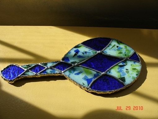 Custom Made Blue Diamond With Blue Green Stained Glass Hand Mirror