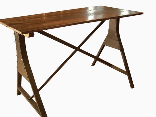 Custom Made Reclaimed Wood Train Bridge Industrial Metal Base Table With Plank Top