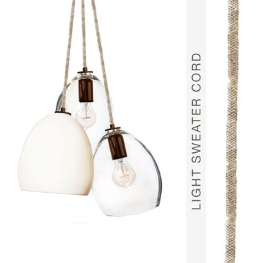 Custom Made Light Sweater Cord Matte White Porcelain Globe Clay & Hand Blown Clear Glass 3 Pendant Chandelier