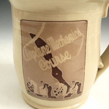 Custom Made Pottery Mug In Cream And Burgundy With Wpa Posters