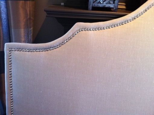 Custom Made Notched Upholstered Headboard, Natural Linen, Silver Nickel Nail Head
