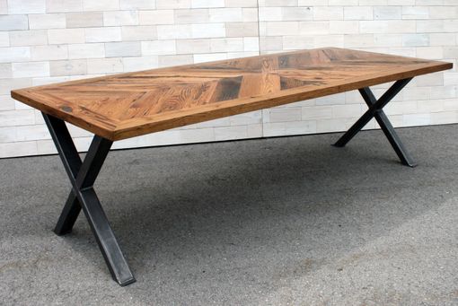 Custom Made Tobacco Oak Chevron Dining Table With Steel X Legs