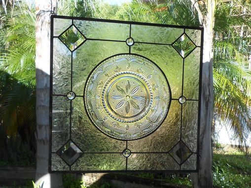 Custom Made Stained Glass Window Valance, Vintage Federal Heritage Depression Glass, Antique Plate Panel