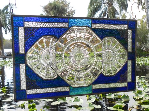 Custom Made Stained Glass Window Panel, Depression Glass Transom Window, Recycled Federal Glass Columbia Plate