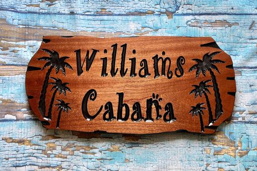 Custom Made Custom Wooden Carved Beach House, Cabana Sign With Palm Trees