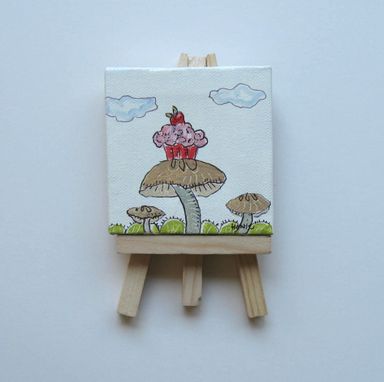 Custom Made Cupcake Painting, Mini Canvas, Mushrooms, Miniature Painting