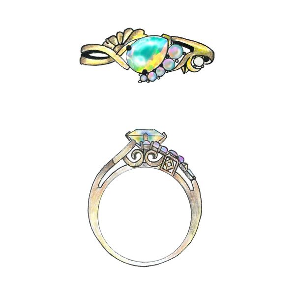The lilac and white accent stones of this ring sweep around an opal set on a yellow gold band.