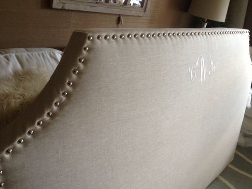 Custom Made Curved Corner Upholstered Headboard, Wheat Linen, Lrg Silver Nailhead, (Monogram Option)