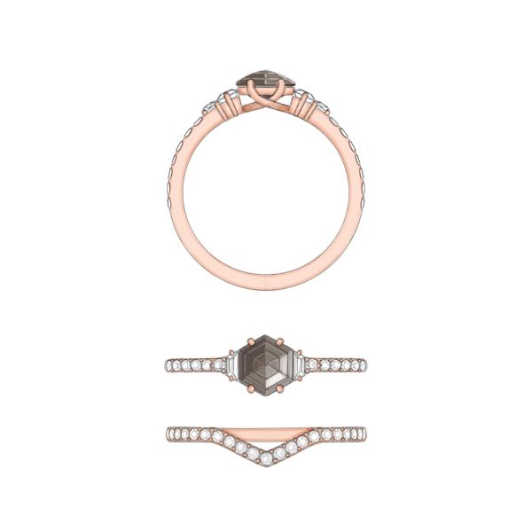 The hexagon shaped salt-and-pepper diamond is set perfectly in a rose gold band with diamond accents.