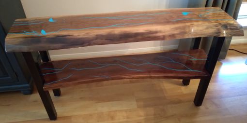 Custom Made Live Edge Walnut Slab Entry Table With Turquoise Inlay (With Shelf)