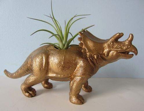 Custom Made Upcycled Dinosaur Planter - Extra Large Gold Triceratops With Tillandsia Air Plant