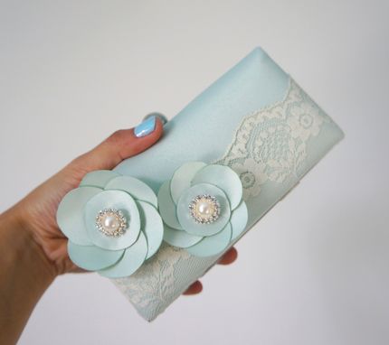 Custom Made Mint Greenclutch Purse With Lace And Handmade Flowers