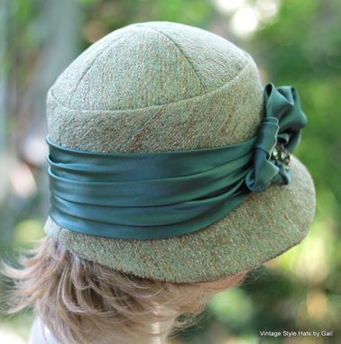 Custom Made Women's Couture Downton Abbey Cloche Hat In Teal Moss Green Tweed