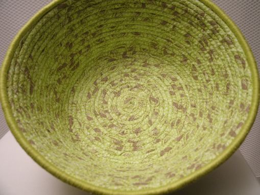 Custom Made Fabric Bowl. Fabric Hand-Wrapped Over Clothesline. Medium Round. Green. Yoyo Accents