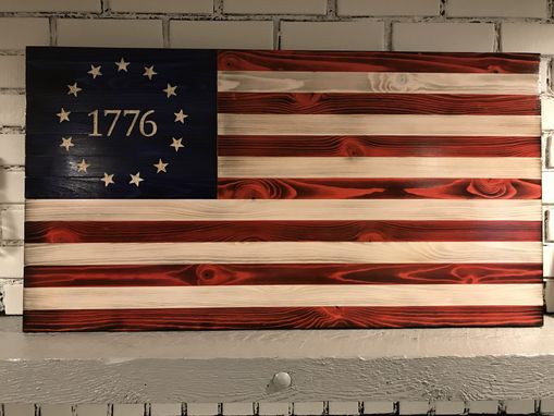 Custom Made Rustic Betsy Ross 1776 Traditional American Wooden Charred Flag Red, White And Blue