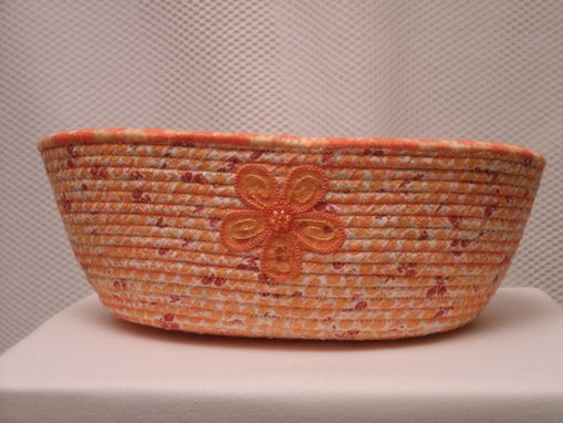 Custom Made Fabric Wrapped Bowl. Fabric Hand-Wrapped Over Clothesline. Medium Oval. Oranges And Whites.