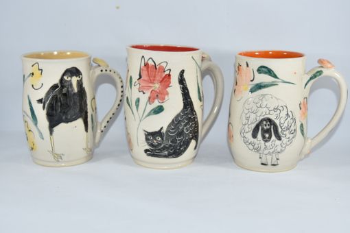 Custom Made Four Coffee Mugs Set - Artistic Carved And Glazed Ceramic Mugs 16-20 Ounce Coffee Cups
