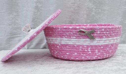Custom Made Fabric Bowl With Lid - Fabric Art - Coiled - Medium Round - Breast Cancer Awareness