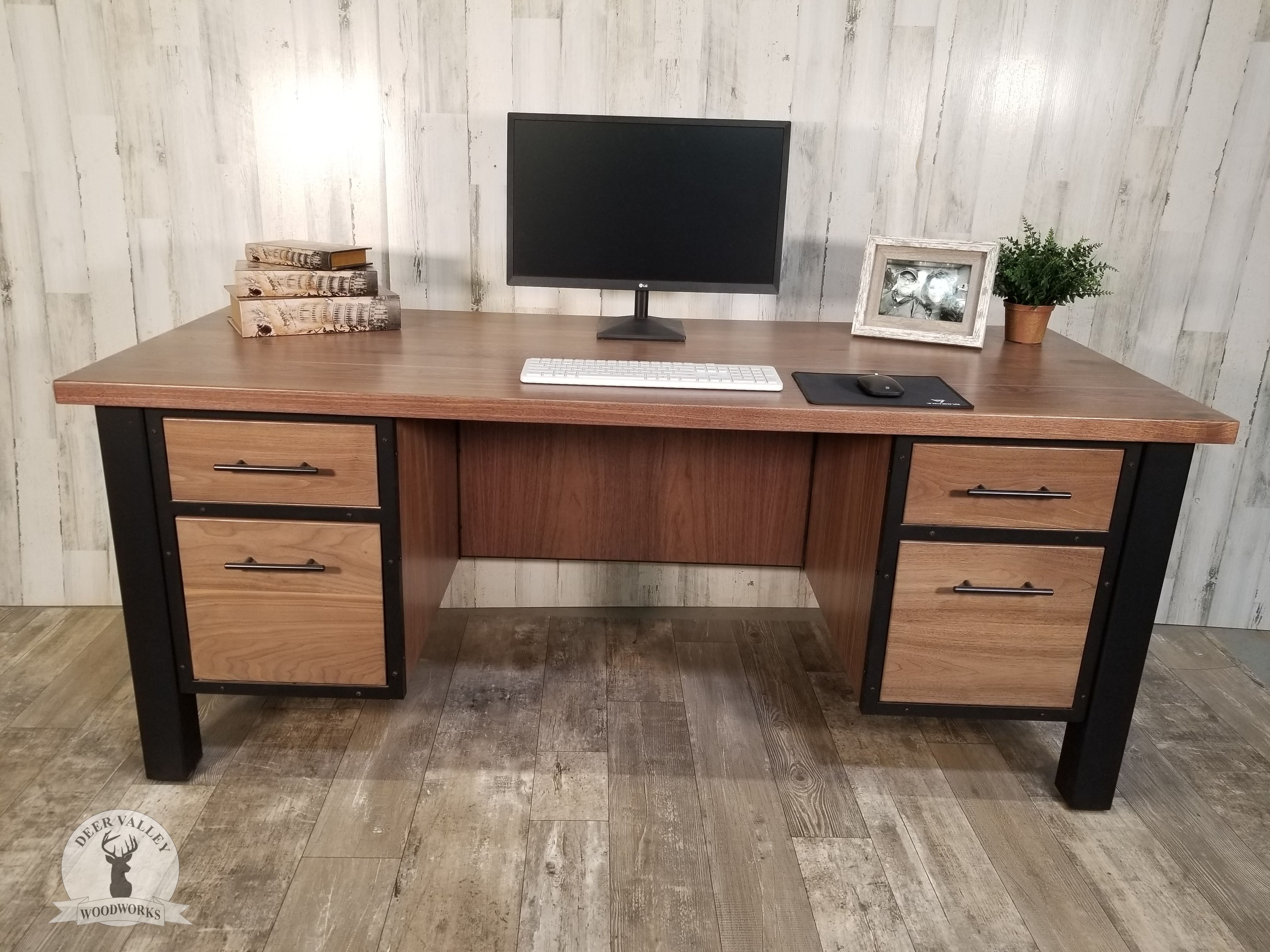 Large 94 Walnut Executive Desk, Office Computer Desk, Industrial
