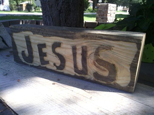 Custom Made Solid Wooden Block With “Jesus” Sign In Reversed Engraving