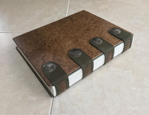 Custom Made An Elegant Journal, Bound In Dark Brown Wood And Green Leather, With Celtic Leather Rivets