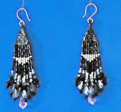 Custom Made Beaded Earrings, Black Dangling With Crystals