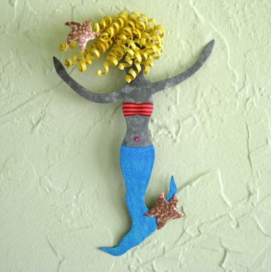 Custom Made Handmade Upcycled Metal Blonde Mermaid With Starfishes Wall Art Sculpture