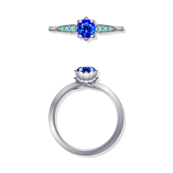 This blue themed lotus engagement ring uses a topaz as its center stone.