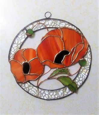 Custom Made Orange Poppies - Round Stained Glass Panel/ Sun Catcher With 3d Leaves And Buds