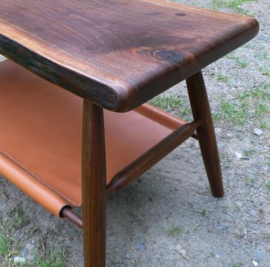 Custom Made Walnut Coffee Table - Live Edge - With Hand Stitched Leather Magazine / Book Shelf