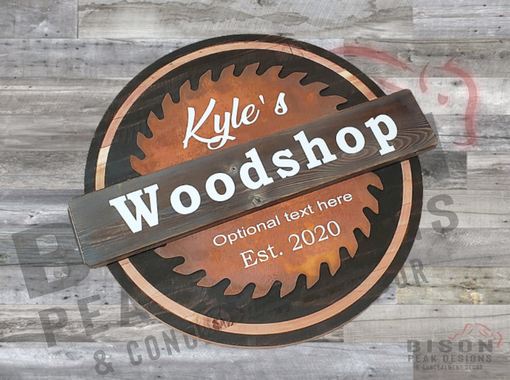 Custom Made 16in Round Wood Sign With Metal Sawblade. Rusted Steel Sawblade. Personalized Woodshop Sign.