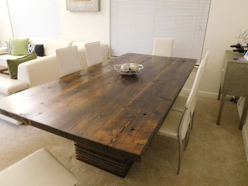 Custom Made Reclaimed Softwood Dining Table With Alternating Wood Banded Legs