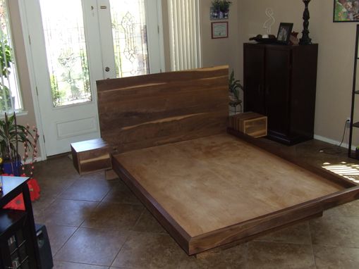 Custom Made Sappy Walnut Mid-Century Modern Bed And Nightstands