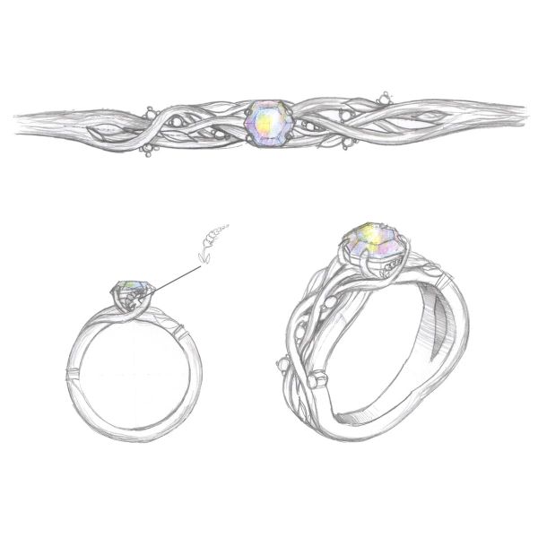 An opal is at the center of this brushed white gold band with diamond accent stones.