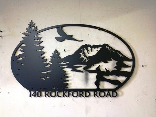 Custom Made Custom Personalized Metal Address Sign With Mountain Scene And Powder Coat Finish