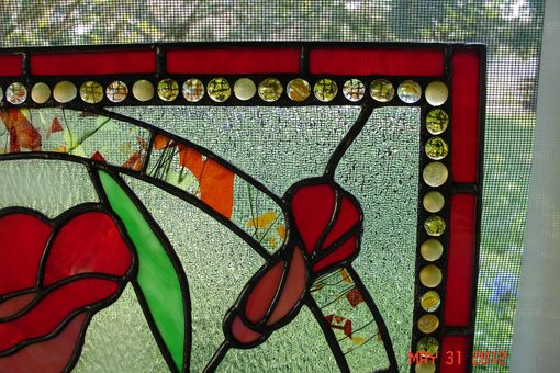 Custom Made Fire Red & Peach Flowers With A Gentle Butterfly Stained Glass Panel