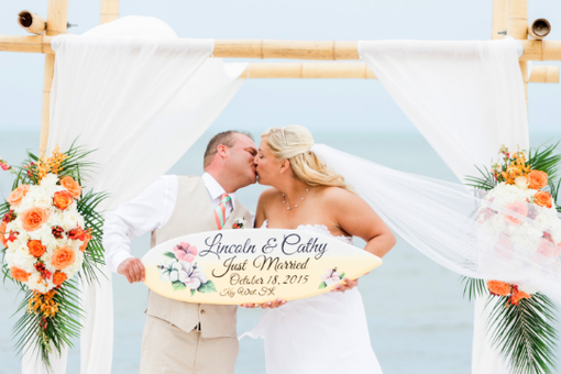Custom Made Beach Hawaiian Wedding Photography Decor, Hibiscus Just Married Sign.