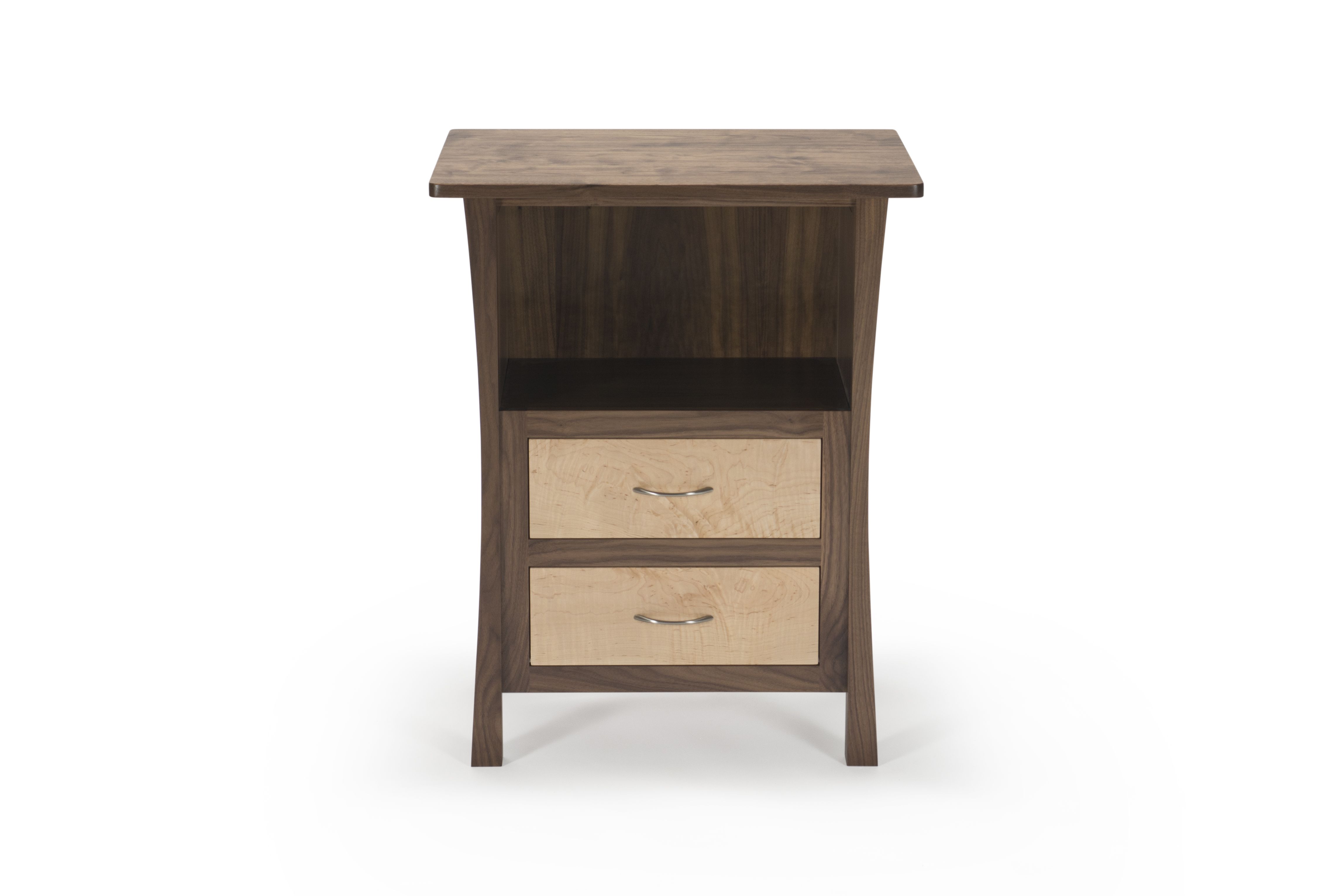 Hand Made Walnut Nightstand With Two Drawers, Laptop Space, Maple Inset